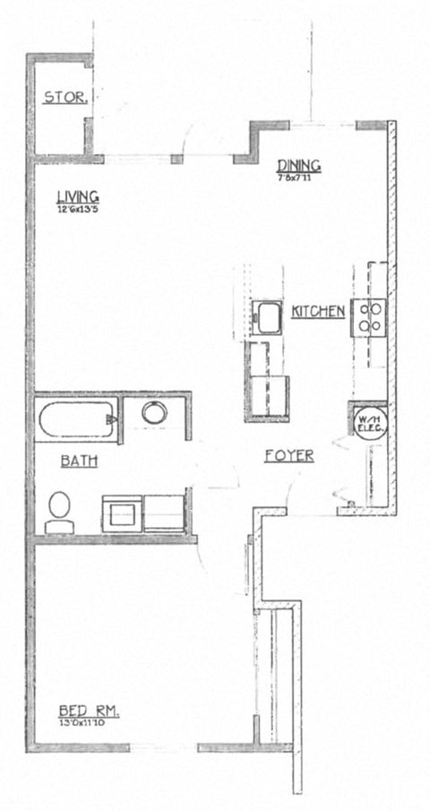 Floor plan for 1 bed, 1 bath, 757 sqft